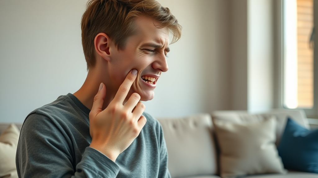 side profile of young adult holding jaw in discomfort, sign i should see a dentist, living room background, mild jaw pain