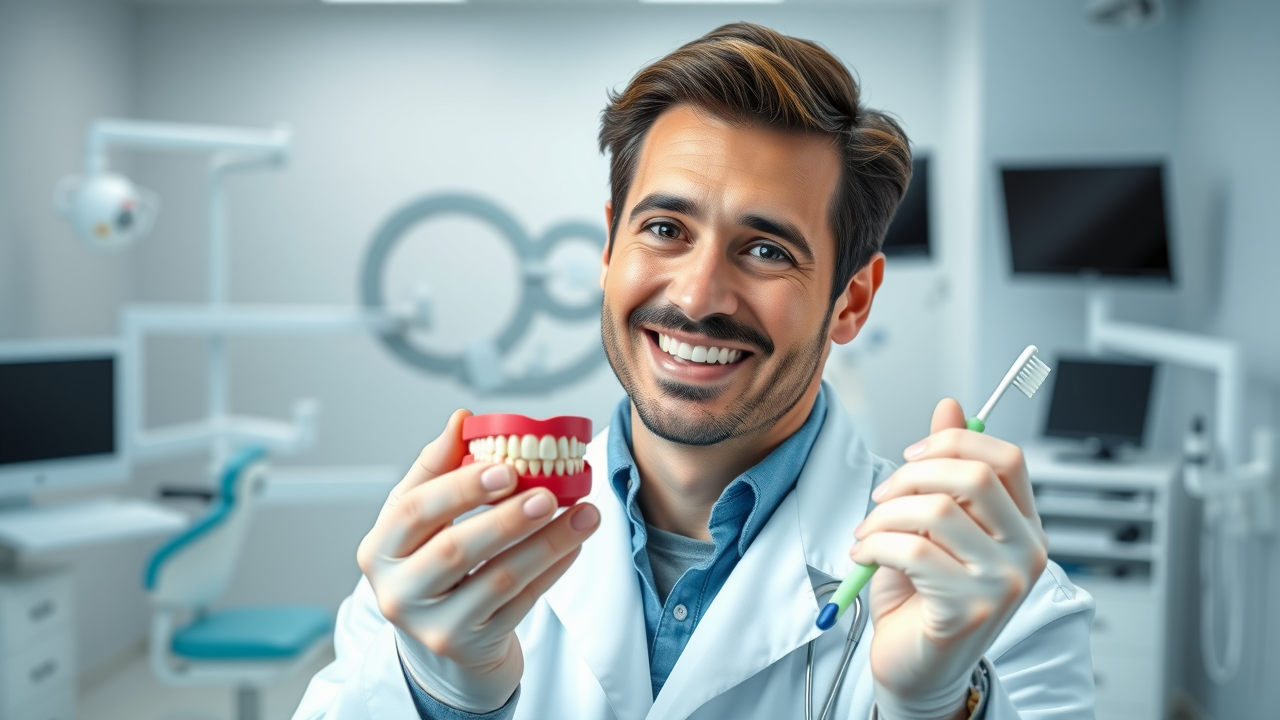 smiling dentist holding dental model, expert oral health professional discussing causes of bad breath