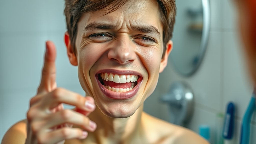 Person viewing visible yellowish dental plaque in mirror, highlighting early symptoms
