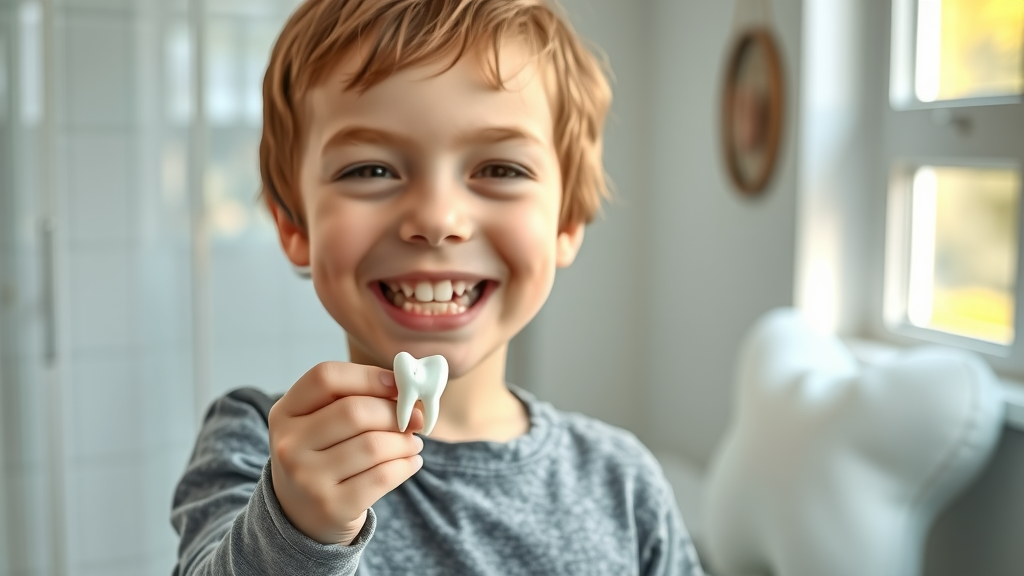 Happy child holding lost baby tooth, celebrating tooth fairy moment
