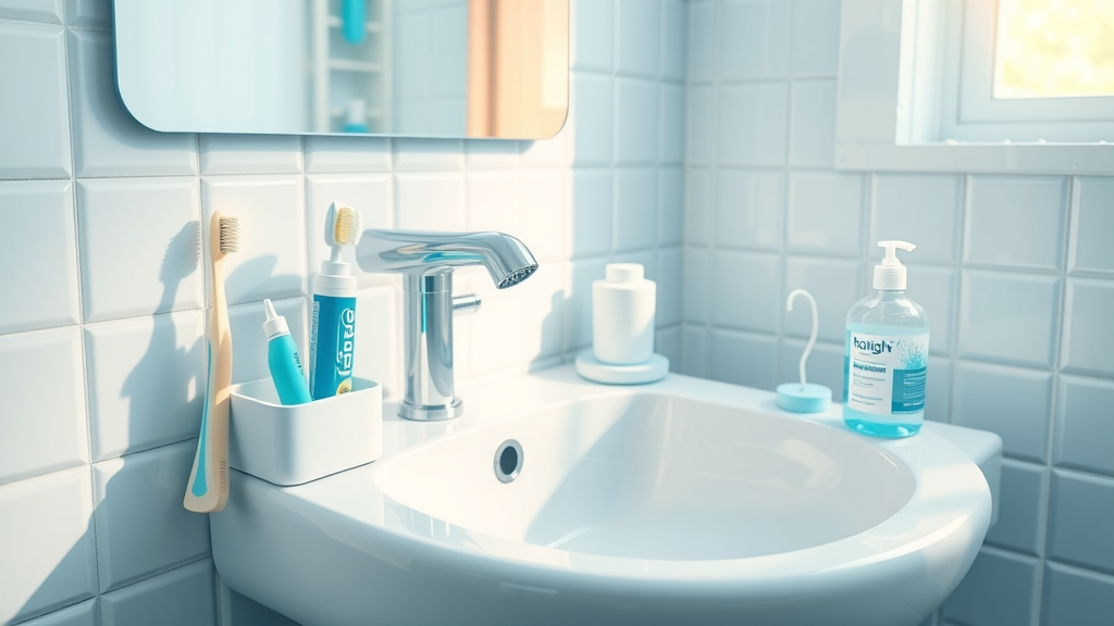 oral health products and dental care routine essentials by modern bathroom sink