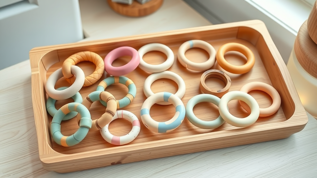 Array of hygienic, safe teething rings in various textures, emphasizing safety for teething babies, displayed on a wooden tray.