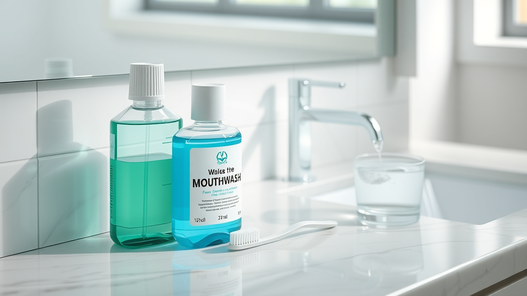 modern bathroom counter with two bottles of mouthwash, one green and one blue, arranged neatly next to a toothbrush and clear water glass, does a rinse or mouthwash help, marble countertop, morning light
