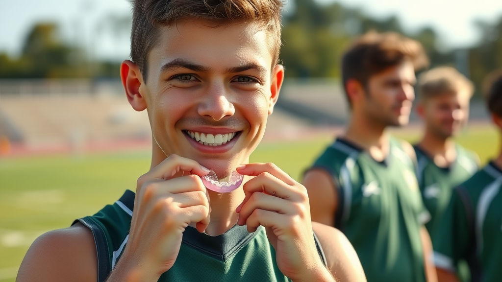 Young athlete fitting a custom mouthguard before sports, smiling teammates nearby, sunlit outdoor field.
