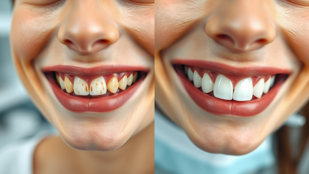 Before and after close-up of a smile makeover patient, showing transformation with cosmetic dentistry procedures