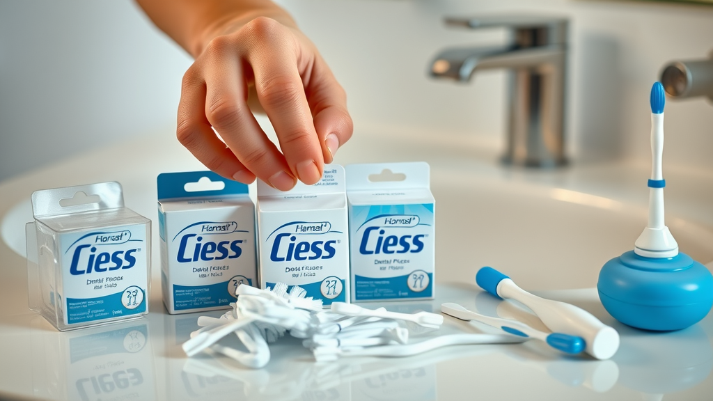 closeup of hands selecting different dental floss types, including waxed, unwaxed, dental picks, and water flosser, for dental care