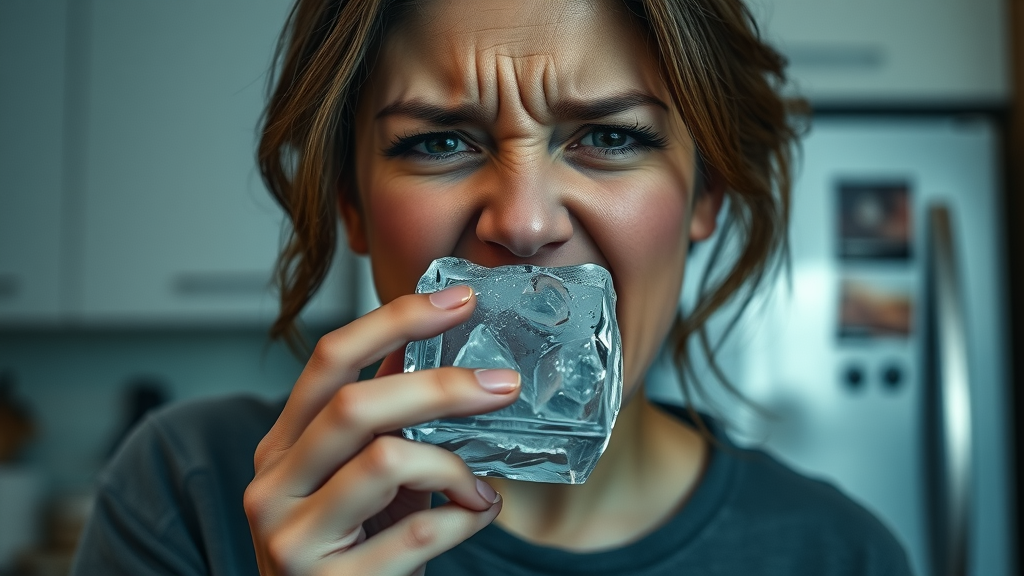 Woman wincing, holding ice near mouth, risk of tooth damage from ice cubes