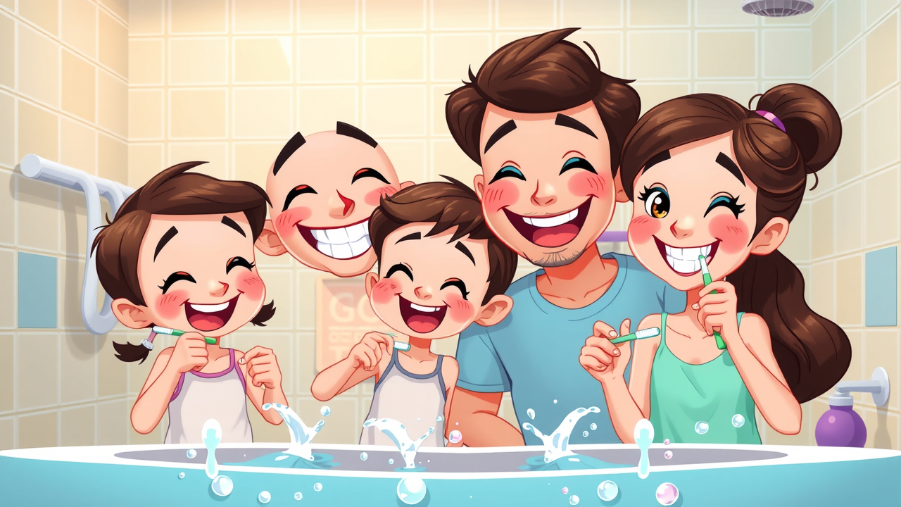 Family joyfully brushing and flossing teeth together, promoting good oral hygiene habits
