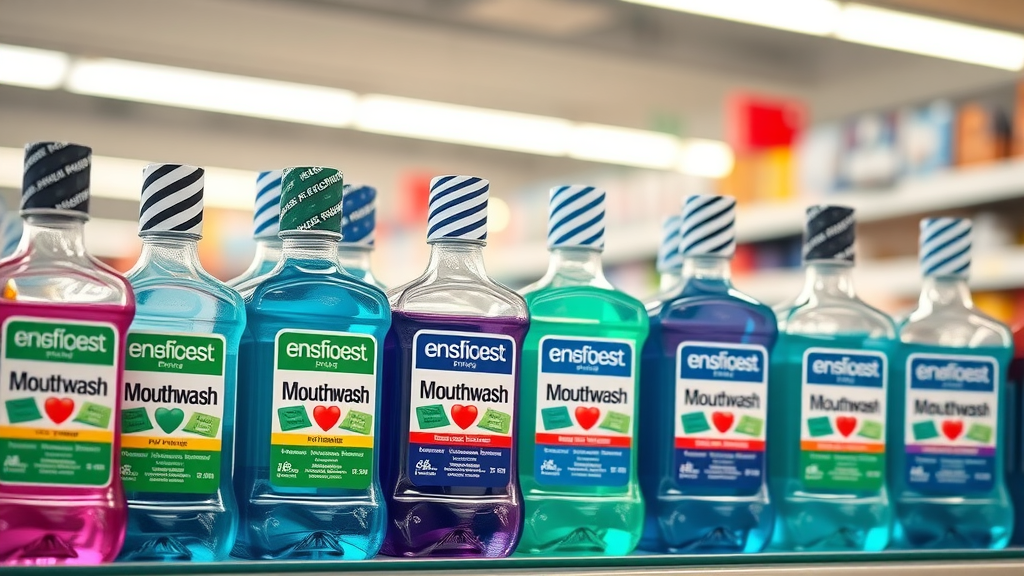 colorful lineup of top mouthwash brands with different active ingredients, best mouth rinse for oral health improvement