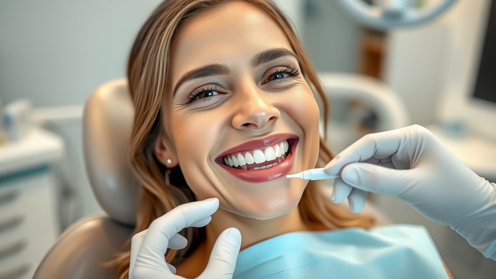 Smiling woman in dentist chair receiving a professional teeth whitening cosmetic dental procedure