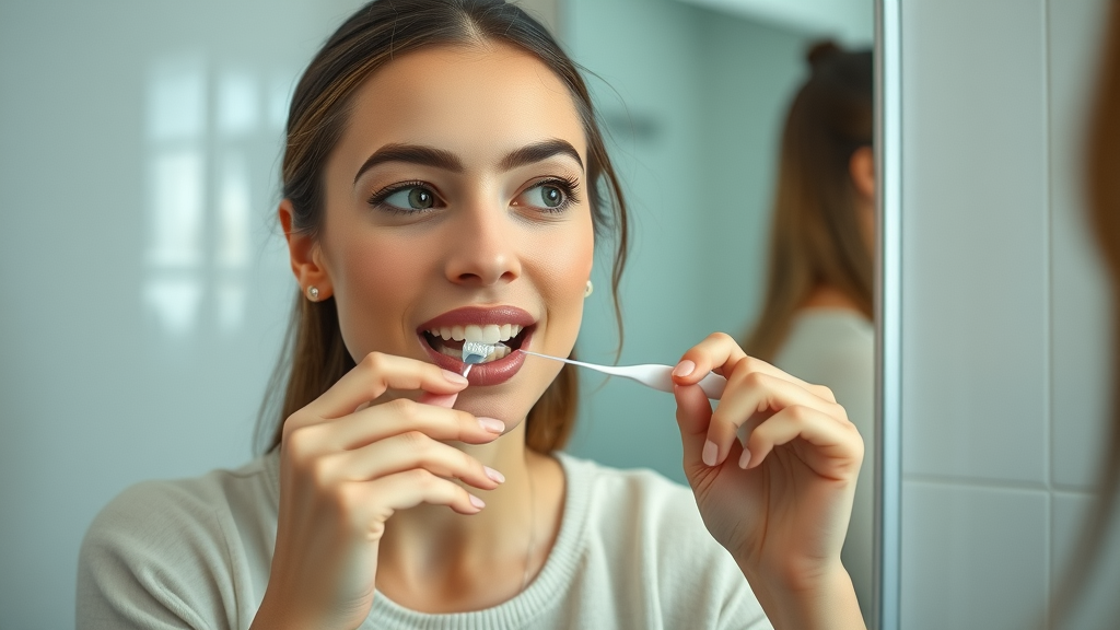 focused woman flossing teeth in front of bathroom mirror practicing dental care for optimal oral health
