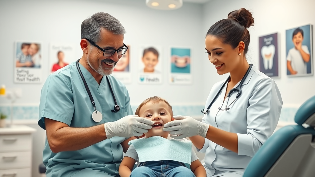 Friendly dental professionals explaining what are sealants to child at a clean dental clinic