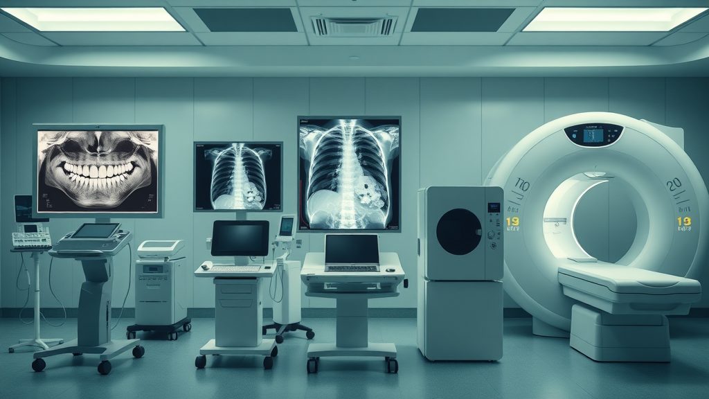 Comparison chart of dental x-rays, chest x-ray, mammogram, and CT scan medical imaging devices in clinical setting