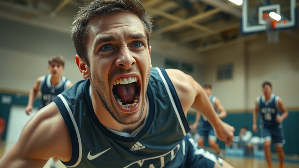 Sports accident with athlete falling and tooth visibly dislodged, indoor gymnasium, motion freeze frame.