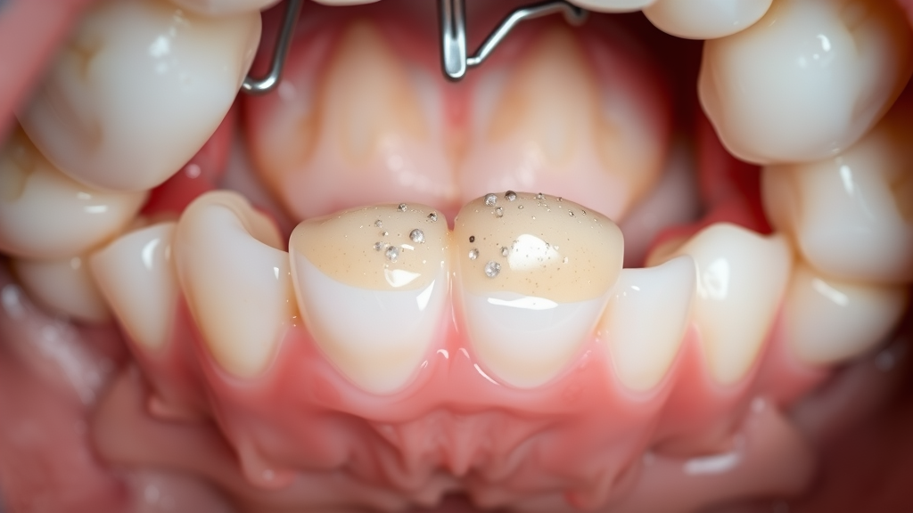 Macro image of bacterial plaque forming as a sticky biofilm on the tooth surface