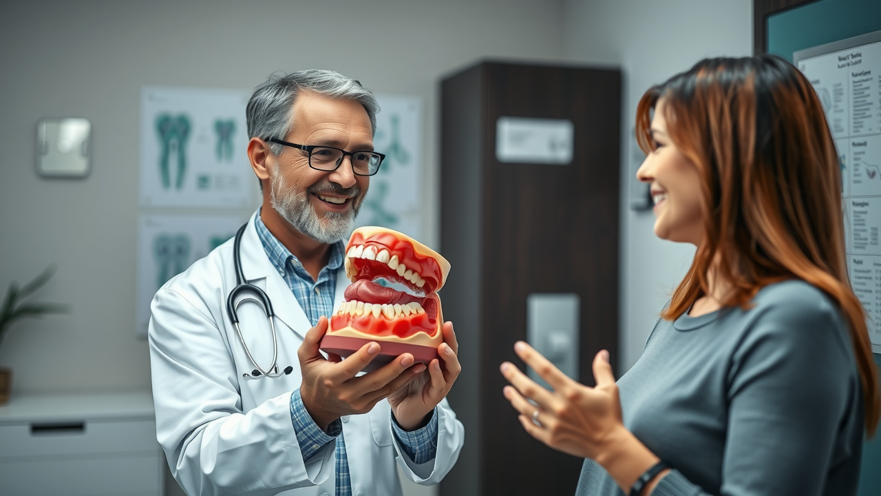Doctor discusses oral-systemic health risks linked to untreated gum disease with patient in medical office