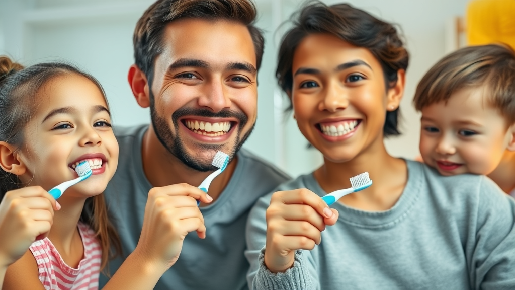 Family demonstrates oral hygiene and treatment options for gum disease by brushing together at home