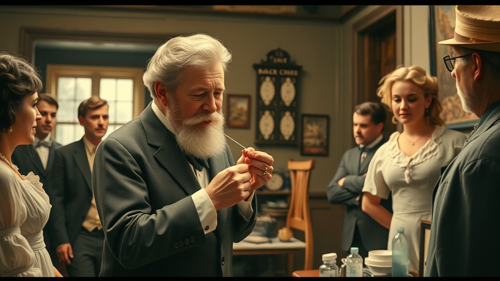 historic dentist demonstrating flossing using silk thread in the 1800s for oral health education