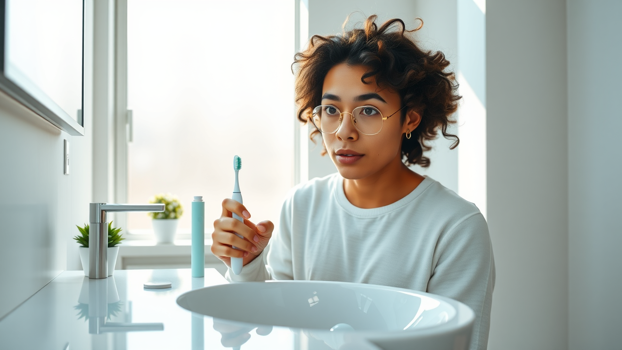 person choosing between electric toothbrush and manual toothbrush on bathroom countertop in natural morning light