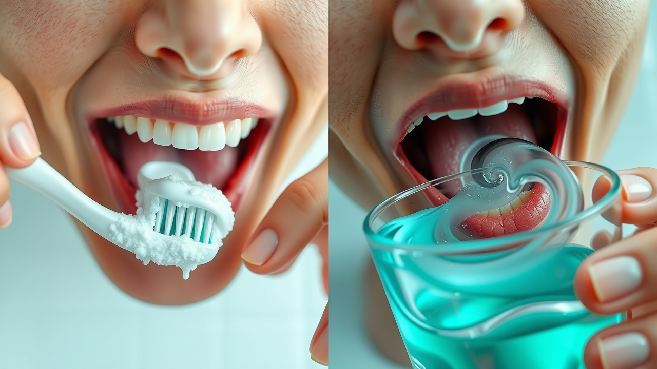 split-screen comparison of brushing teeth and rinsing with mouthwash, does a rinse or mouthwash help, oral hygiene effectiveness