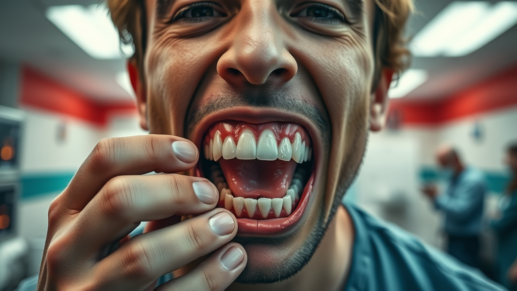 person with facial swelling and dental trauma in emergency clinic | classed as dental emergency