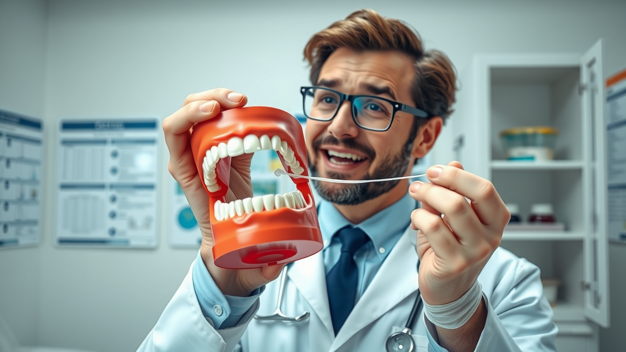 professional dentist demonstrating proper floss technique with dental model in dental office highlighting dental care and oral health