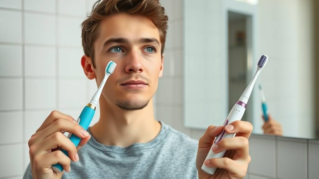 young adult comparing electric toothbrush and manual toothbrush for oral health in a bright bathroom