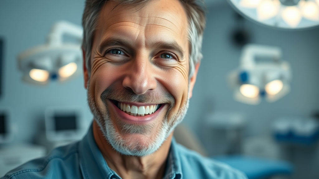 Mature man with dental implant, smiling after a cosmetic dentistry procedure