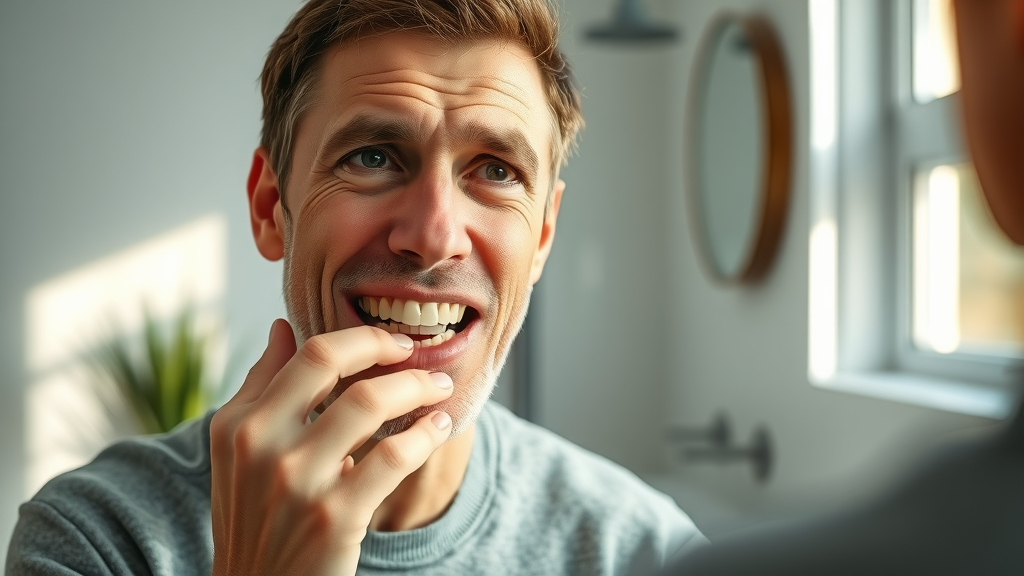 concerned adult inspecting their teeth in the mirror, checking gums for signs i should see a dentist, modern bathroom background, natural sunlight