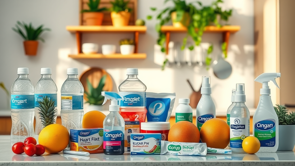 variety of home remedies for dry mouth, water, sugar-free gum, fruits, oral care products, self-care, relief, kitchen setting, dry mouth treatment