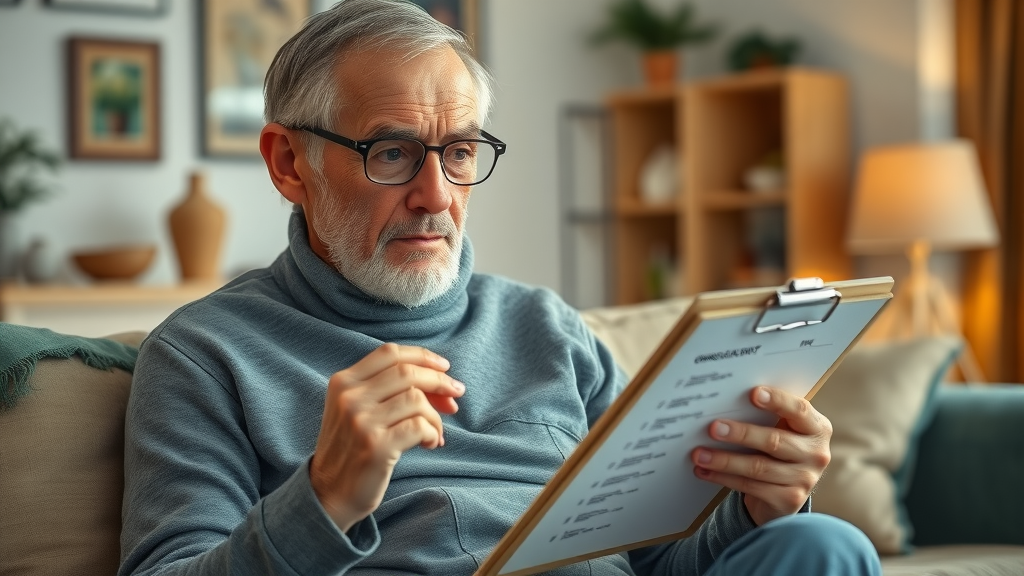 thoughtful older man reviewing checklist for dry mouth symptoms and when to call care provider, personal oral health care, at home