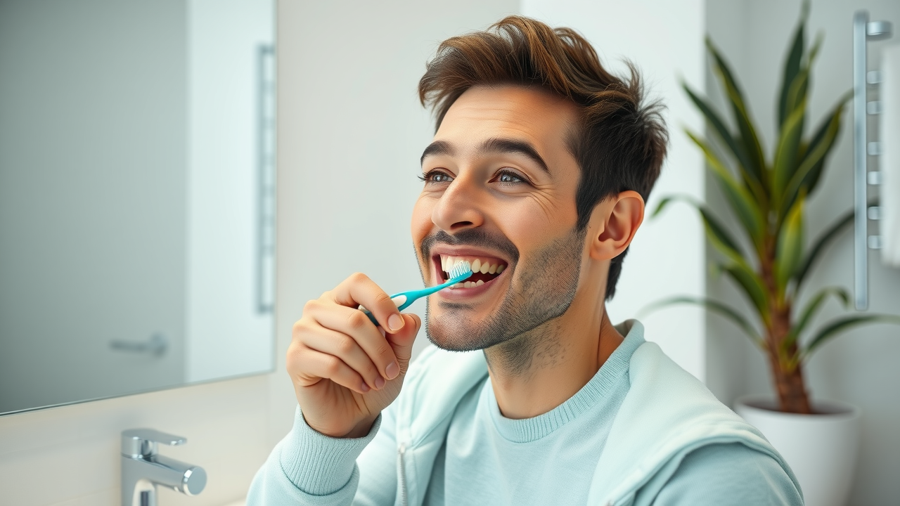 healthy adult brushing teeth, demonstrating good oral hygiene and dental health routine for dry mouth prevention, bright bathroom
