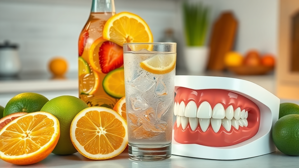 Photorealistic arrangement of common acidic foods and drinks—citrus fruits, soda, fruit juice, and a model of teeth—illustrating their role in dental erosion.