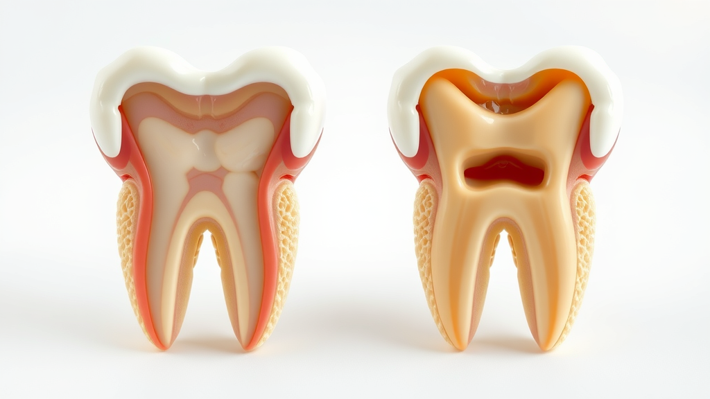 Side-by-side comparison cross-sectioned teeth: one with enamel erosion, one with tooth decay, highlighting differences in how surface loss occurs.