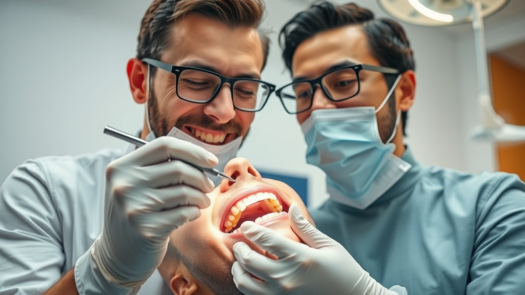 Dentist performing clinical exam to assess tooth surface and dental erosion using professional tools in a modern office.