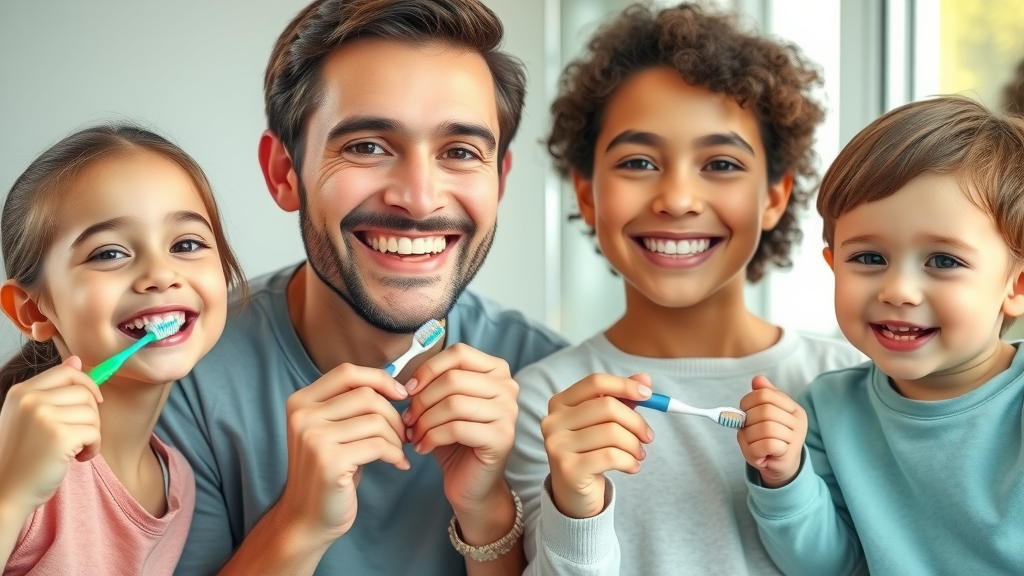 Family with healthy smiles demonstrating oral hygiene habits like brushing, rinsing, and regular checkups, promoting the prevention of tooth erosion and dental erosion.