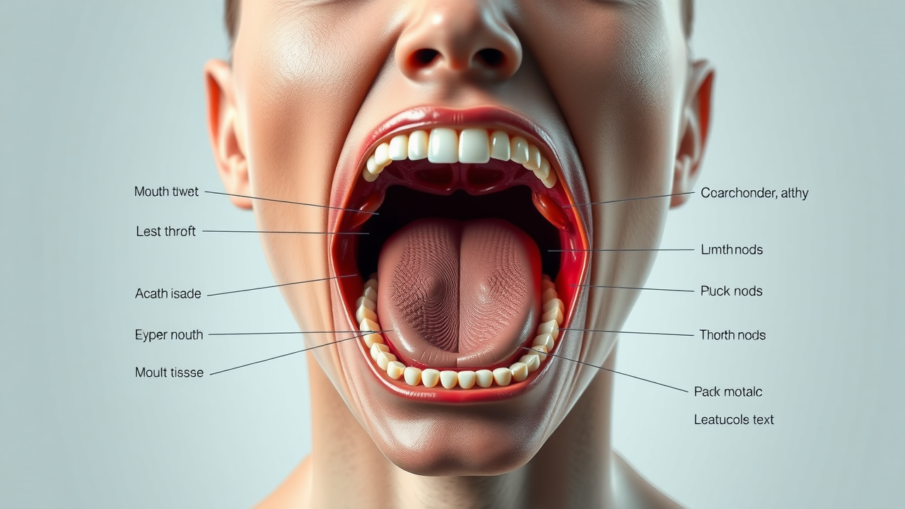 Human mouth anatomy showing mouth, throat, and lymph nodes, used for self-examination for mouth cancer