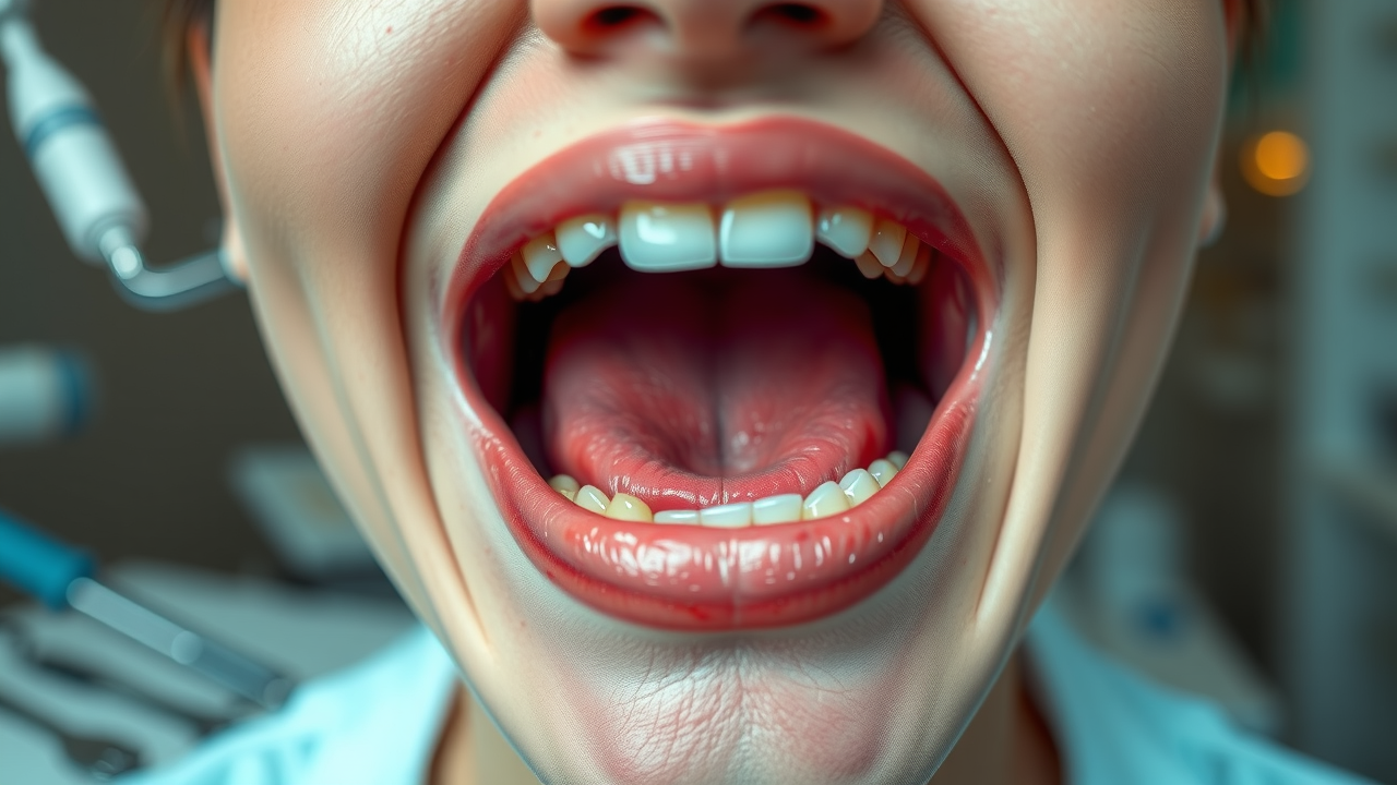 Macro photograph showing red or white patch inside mouth, a symptom of oral cancer