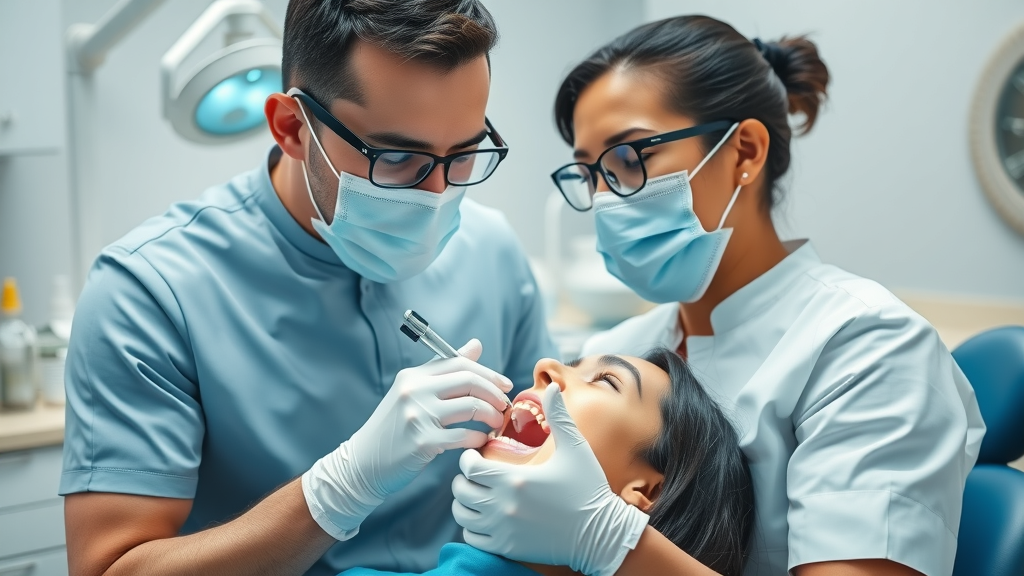 Dentist performing a thorough oral cancer screening with gloved hands and bright light