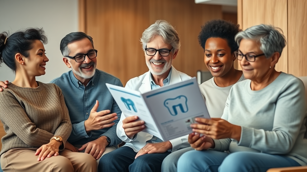Diverse adults reviewing oral health materials and key steps for mouth cancer detection