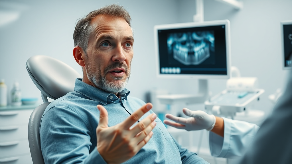 concerned adult dental patient discussing vaping and teeth health with dentist, modern dental office