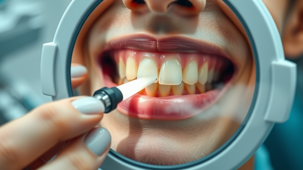 closeup dental mirror reflecting stained yellow teeth from vaping oral health effects