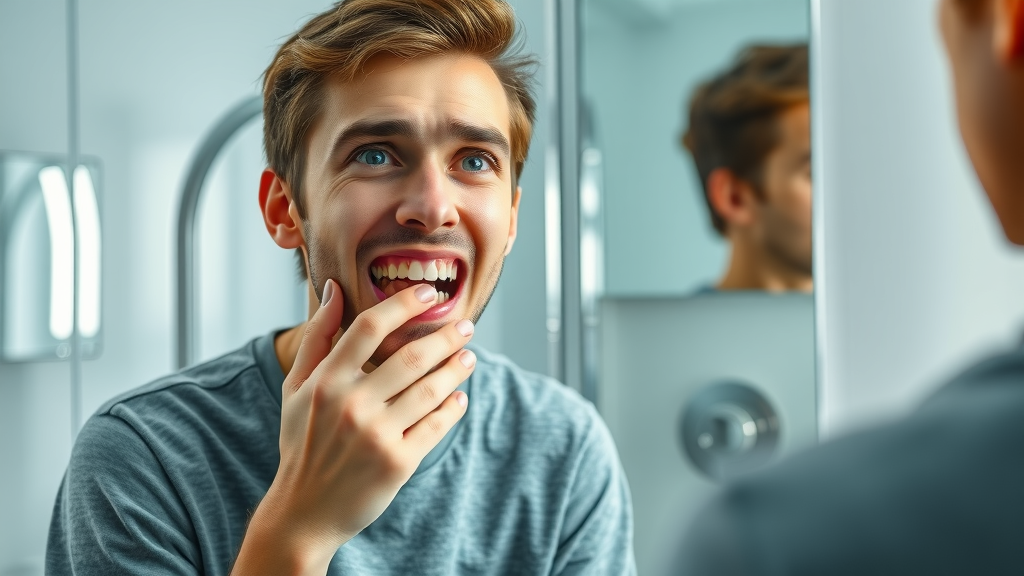 Concerned young adult examining their teeth in the mirror, sports drinks and oral health concern