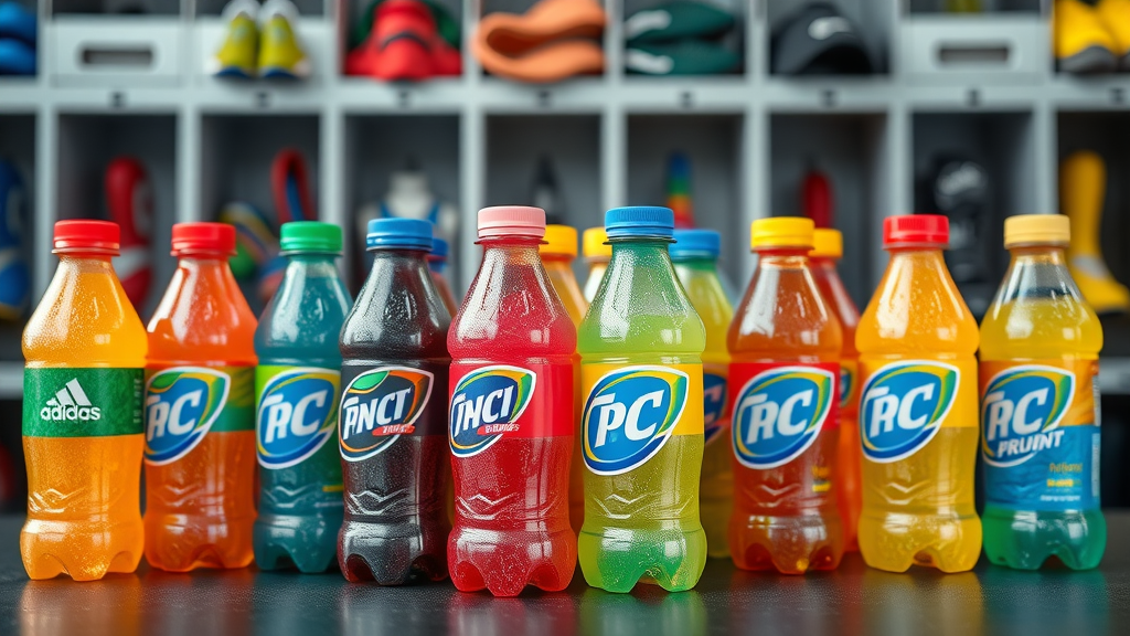 Variety of colorful sports drinks bottles on a table, sports drink choice and tooth enamel risk