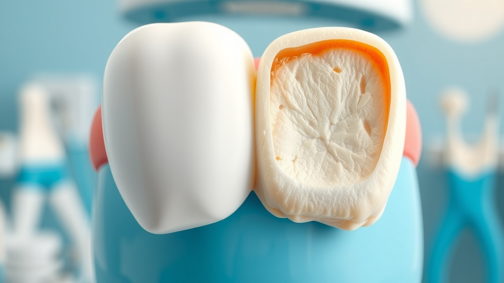 Close-up comparison of healthy tooth enamel versus eroded enamel, enamel erosion from sports drinks