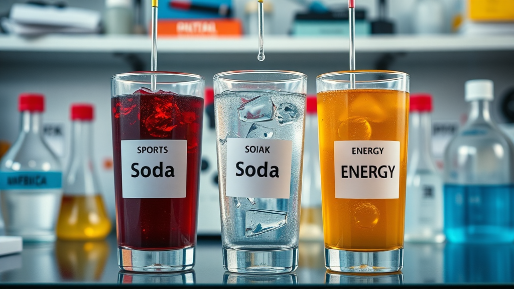 Three drinks: sports drink, soda, and energy drink with pH strips, beverage and enamel erosion