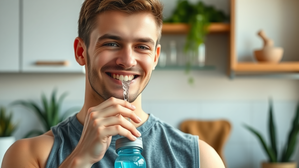Young man rinsing mouth after drinking sports drink, protecting tooth enamel and oral health