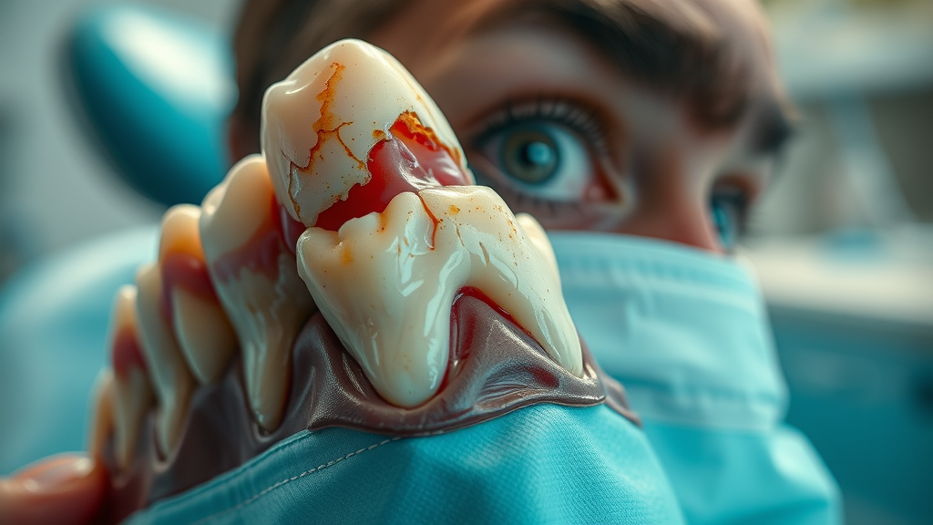 Close-up of eroded tooth, acid exposure concept, sports drinks and dental problem visual