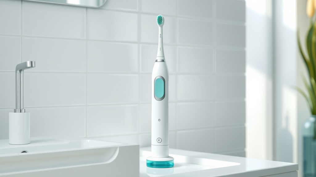 clean modern electric toothbrush on white bathroom counter, fresh and inviting, standing upright, Photorealistic High Fidelity Lifelike, sleek tiled background with subtle reflections and a hint of greenery, highly detailed, with light steam rising, sharp focus, white and teal color, soft natural daylight, shot with a 50mm camera lens
