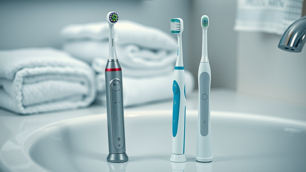 comparative display of an electric toothbrush and a manual toothbrush, side-by-side, both looking new, informative, Photorealistic High Fidelity Lifelike, bathroom sink countertop scene with toothpaste, softly blurred towels in background, highly detailed, slight water droplets, cool blues and whites, ambient daylight, shot with a macro lens